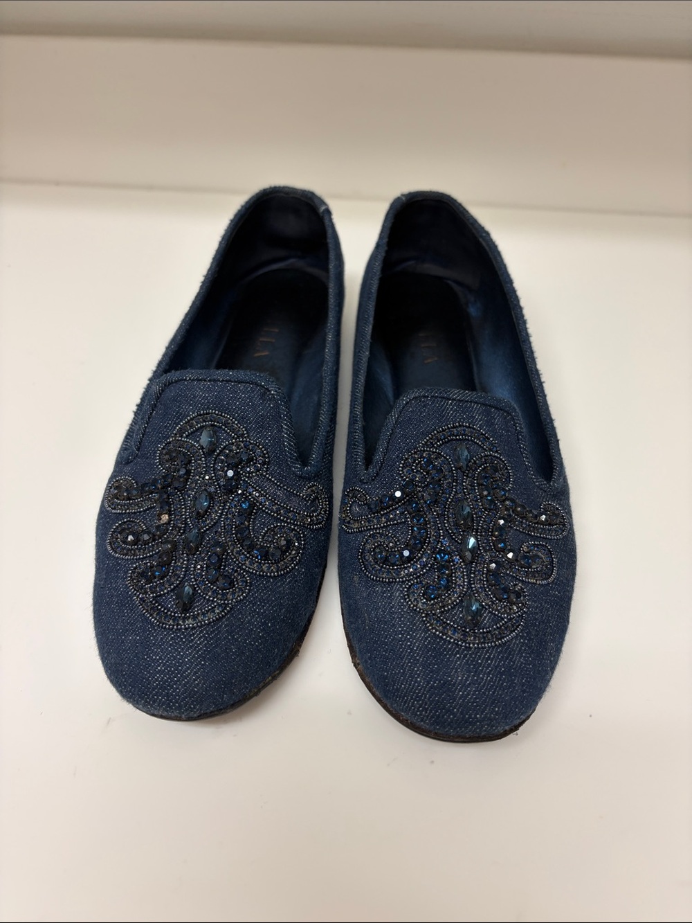 Le Silla Denim Beaded Slip-On Loafers in Navy